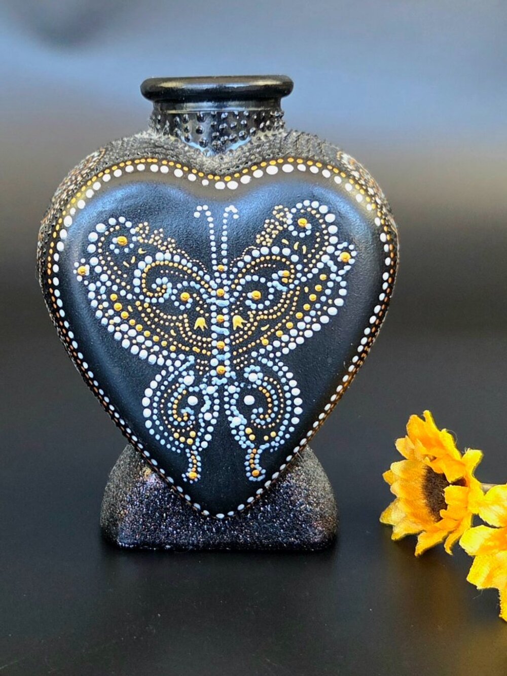 Vintage Painted Black Glass Pedestal Bud Vase – Heart & Butterfly Design